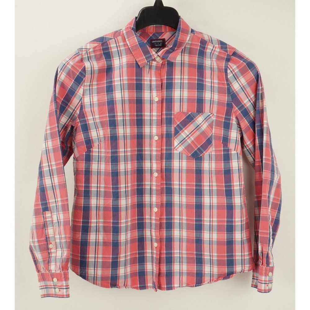 UNTUCKit Laconda Women's Size 6 Long Sleeve Pink White Blue Plaid Button Up Top